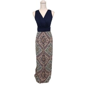 Gilli Navy Blue Sleeveless Faux Wrap Top Geometric Print Maxi Dress, medium